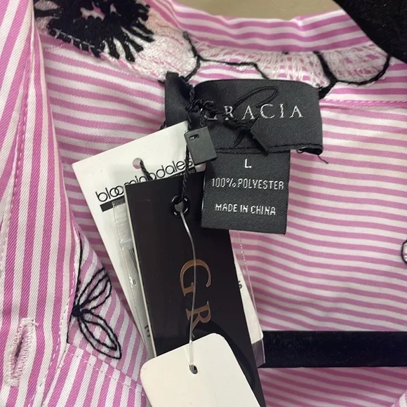 Gracia pink & white striped embroidered asymmetrical top Sz L - Picture 5 of 5